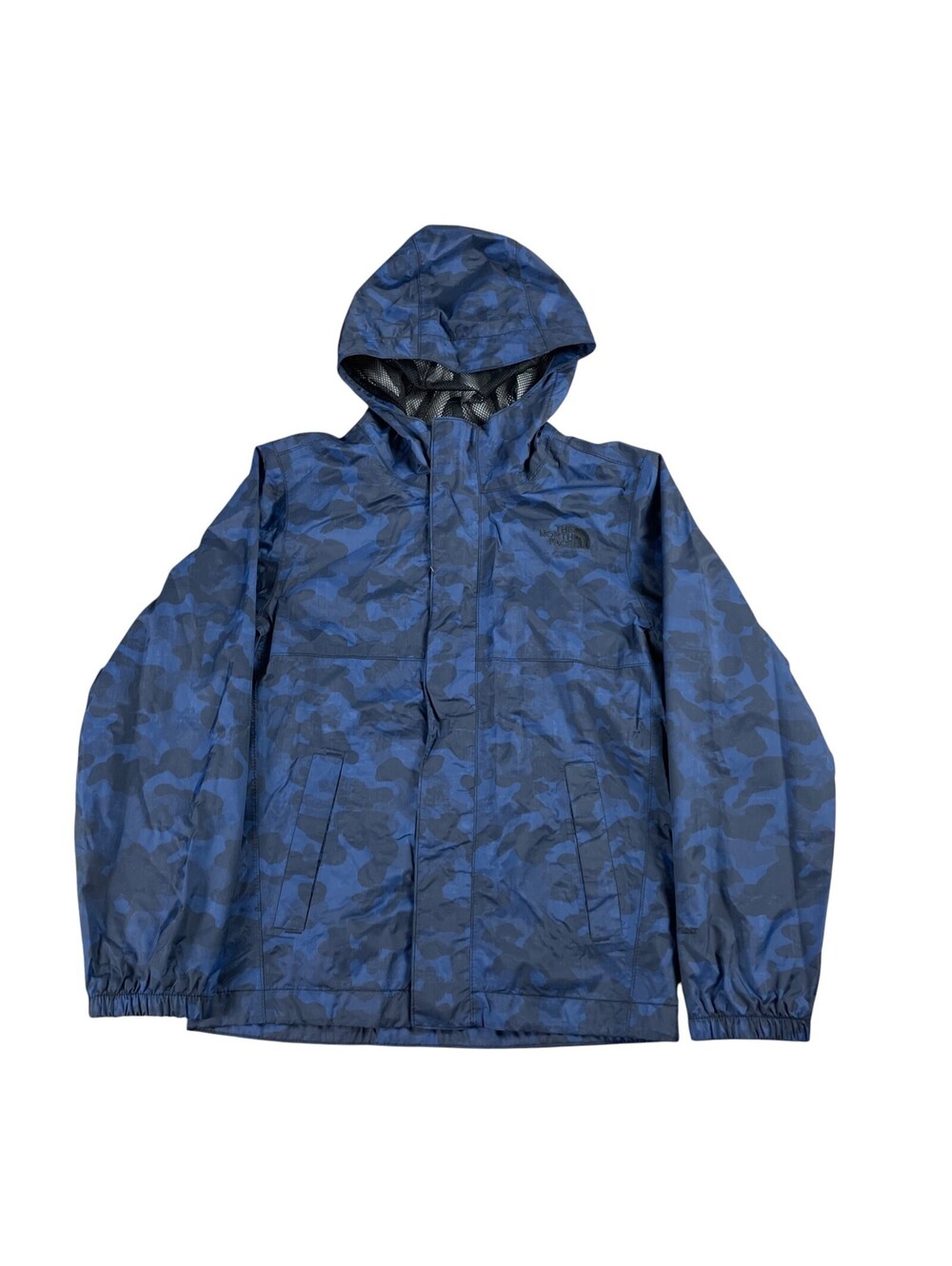 The North Face Blue Camo Rain Jacket Full Zip Hooded Boys Small 7 / 8 EUC
